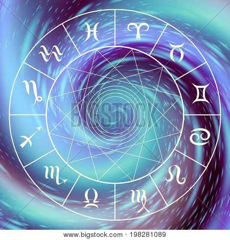 Magic circle with zodiacs sign on abstract mystic background.