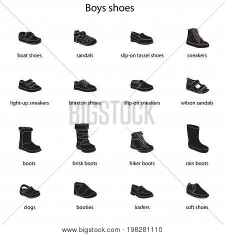 Boys shoes, set, collection of fashion footwear with names. Baby, kid, child, childhood. Vector design isolated illustration. White outlines, black silhouettes, white background