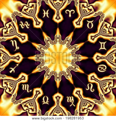 Magic circle with zodiacs sign on abstract mystic background.