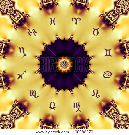 Magic circle with zodiacs sign on abstract mystic background.