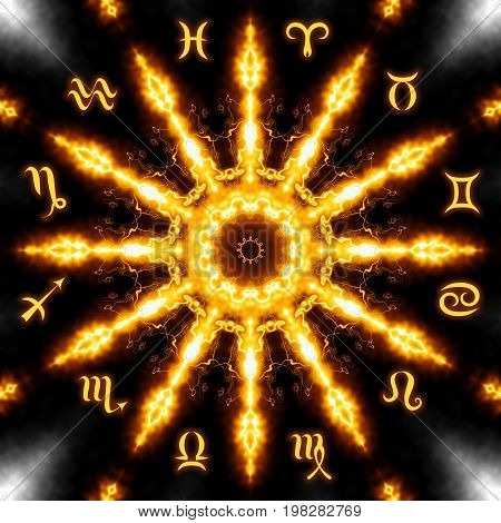 Magic circle with zodiacs sign on abstract mystic background.