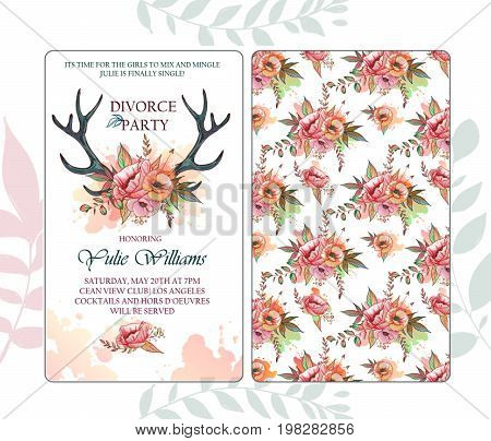 Divorce party invitation. Face and back sides. Illustration of a deer skull with poppy. Creative decorative elements.