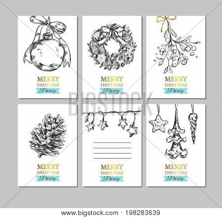 Merry Christmas and Happy New Year vector hand drawn labels, card, banners. Christmas ball, Fir-tree cone, Mistletoe, Frozen Star, Lights, Christmas tree, Christmas Wreath