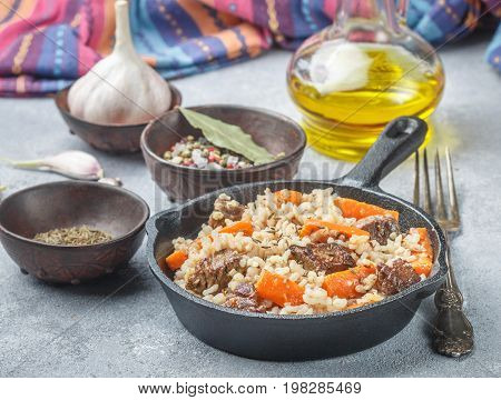 Devzira Pilaf With Lamb, Onions, Carrots And Spices (cumin, Coriander, Pepper). Traditional Dishes O