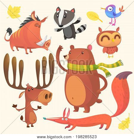 Collection of cartoon forest animals images. Vector set of animal icons isolated on white. Vector illustration of boar badger blue bird elk moose bear owl and fox