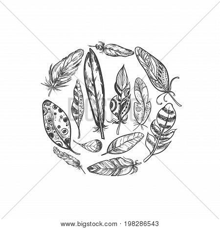 Rustic Ethnic bohemian style feathers. Vector Hand drawn vintage vector set. Black and white ink illustration. Vintage Tribal and Decorative feathers.