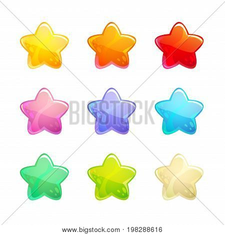 Cartoon glossy colorful stars set. Vector shiny XP icons for GUI or web design.