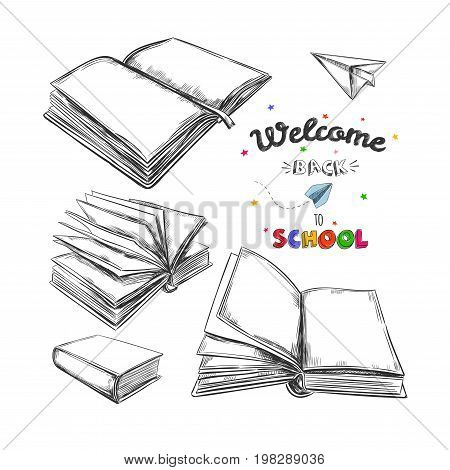 Welcome back to school concept, Vector hand drawn illustration. Chalkboard lettering. Typography. Sketch style