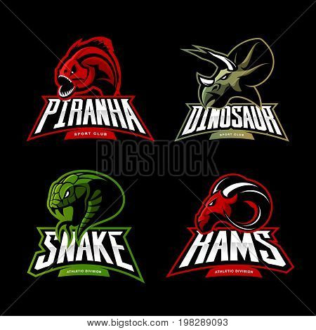 Furious piranha, ram, snake and dinosaur head sport vector logo concept set isolated on black background. 
Modern team mascot badge design. Premium quality wild animal t-shirt tee print illustration.