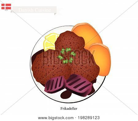 Danish Cuisine, Illustration of Frikadeller or Traditional Pan Fried Ground Beef Patty Served with Boiled Potatoes and Gravy or Creamed Cabbage. One of The Most Famous Dish in Denmark.