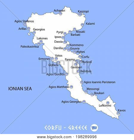 Island Of Corfu In Greece White Map And Blue Background Illustration