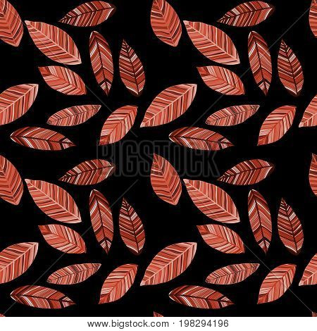 Colored autumn leaves in red tones on black field. Seamless raster pattern. Foliage.