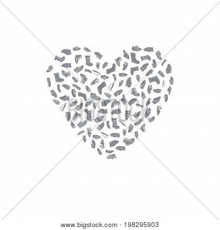 Kids shoes set collection of fashion footwear poster in shape of heart. Baby girl boy child childhood. Vector design isolated illustration. White outlines gray silhouettes white background