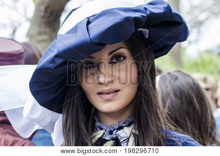 CAGLIARI, ITALY - JUNE 1, 2014: Sunday at the Great Jatte Public Gardens - portrait of a beautiful woman in Victorian costume - Sardinia
