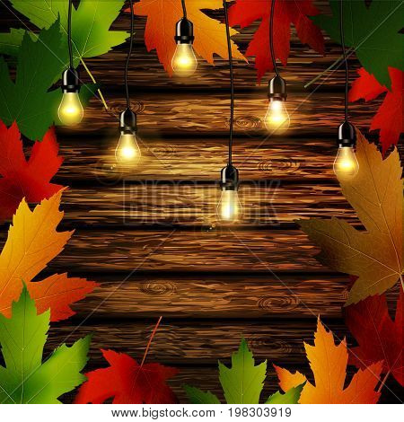 Wooden wall with autumn leaves frame and falling leaves vector illustration