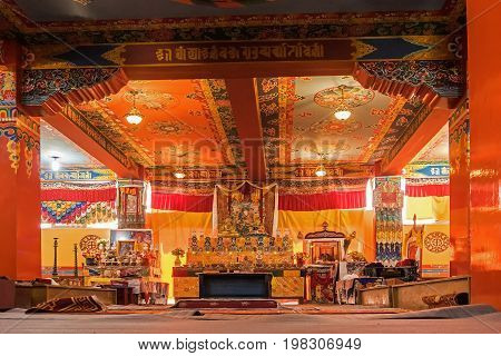 SAMDRUPTSE MONASTERY RAVANGA SIKKIM INDIA - OCTOBER 20 2016 : Interior view of Samdruptse Buddhist Monastery Sikkim India. Picture taken with permission from religious authority.
