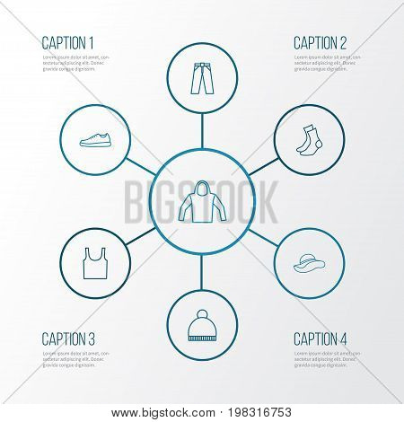 Garment Outline Icons Set. Collection Of Gumshoes, Panama, Half-Hose And Other Elements