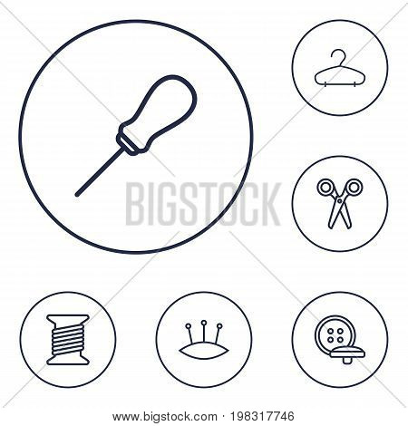 Collection Of Bobbin, Pincushion, Hanger And Other Elements.  Set Of 6 Stitch Outline Icons Set.