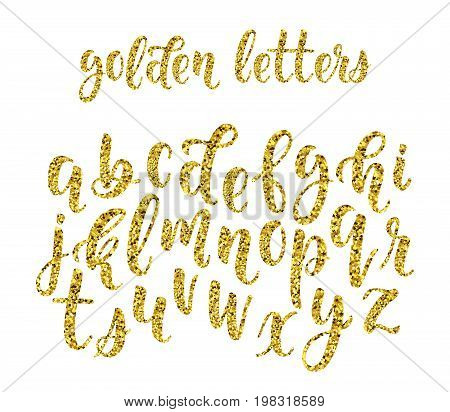 Gold glitter hand drawn latin modern calligraphy brush alphabet of lowercase letters. Vector illustration