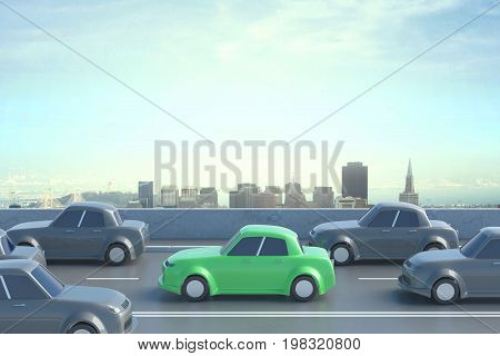 Side view of road with moving cars. City background. Highway traffic concept. 3D Rendering