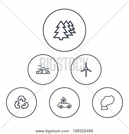 Collection Of Afforestation, Wind Turbine, Garbage And Other Elements.  Set Of 6 Bio Outline Icons Set.