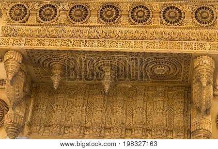 Fine carving on ancient fort of Jaisalmer on Zarukha (Window) Jaisalmer-Desert