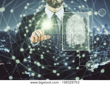 Businessman pointing at abstract digital finger print hologram on city background. Access and biometrics concept. Double exposure