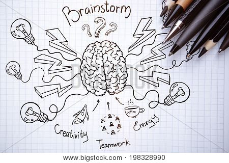 Close up of notepad with creative brainstorm sketch and pens. Brainstorming and creativity concept