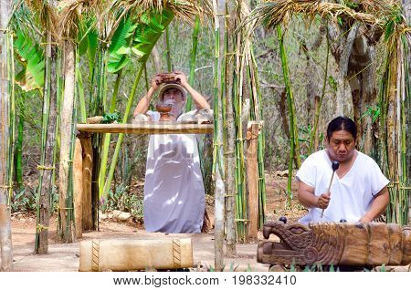 UXMAL MEXICO - FEBRUARY 20: Mayan ceremony in Uxmal Mexico on February 20 2017