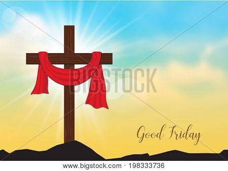Good Friday. Background with wooden cross and sun rays in the skyVector illustration EPS10.
