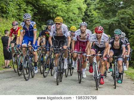 Mont du Chat France - July 9 2017: The peloton (gruppetto) climbing the road on Mont du Chat during the stage 9 of Tour de France 2017.