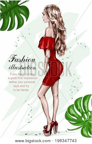 Beautiful young woman in red dress. Hand drawn fashion woman. Stylish girl. Fashion look. Sketch. Vector illustration.