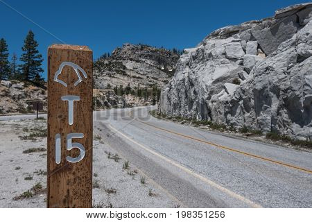 Road Sign on Tioga Pass during summer in Yosemite