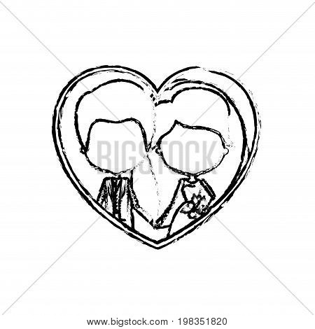 blurred silhouette heart shape with caricature faceless newly married couple inside of newly married couple groom with formal wear and bride with long hairstyle and holdings hands vector illustration