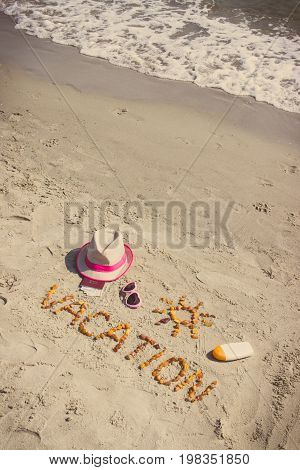 Vintage Photo, Word Vacation, Accessories For Sunbathing And Passport With Currencies Dollar At Beac