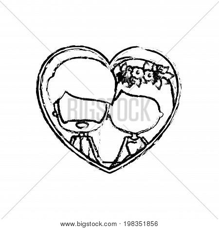 blurred silhouette heart shape with caricature faceless newly married couple inside of newly married couple bearded groom with formal wear and bride with straight medium hairstyle and holdings hands vector illustration