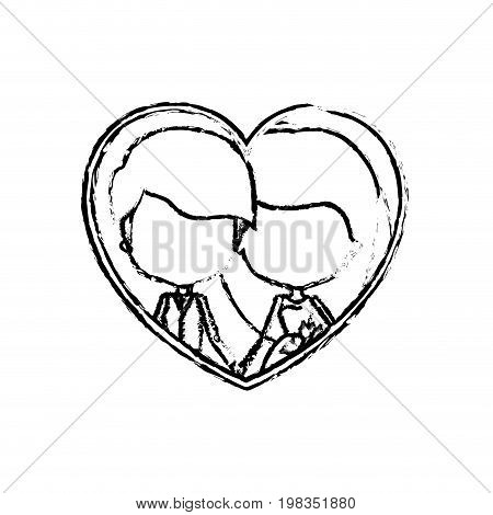 blurred silhouette heart shape with caricature faceless newly married couple inside of newly married couple young groom with formal wear and bride with long hairstyle and holdings hands vector illustration