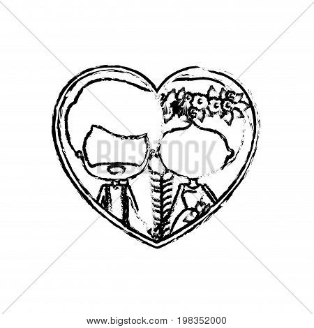 blurred silhouette heart shape with caricature faceless newly married couple inside of newly married couple bearded groom with formal wear and bride with side braided hairstyle and holdings hands vector illustration
