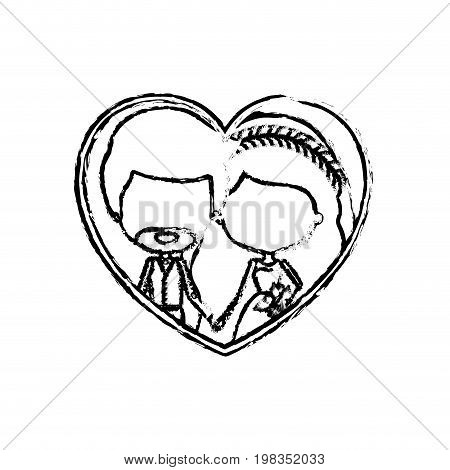 blurred silhouette heart shape with caricature faceless newly married couple inside of newly married couple bearded groom with formal wear and bride with wavy long hairstyle and holdings hands vector illustration