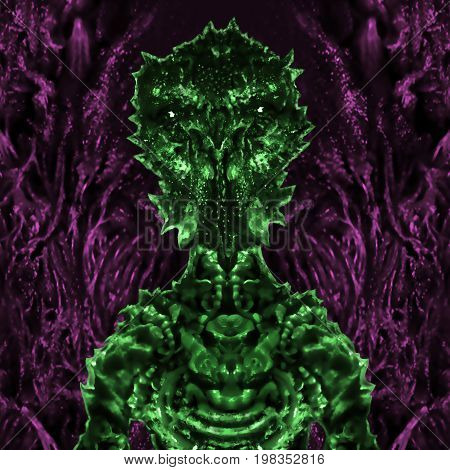 Spaceman green men sits inside his ship. Science fiction original character in bionic suit. Original character the astronaut on abstract background.