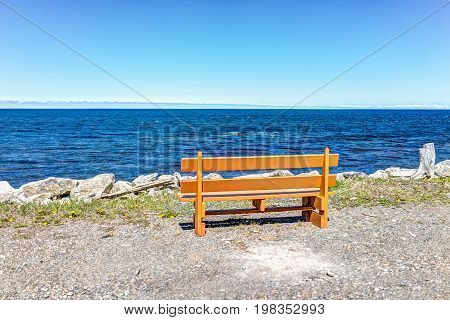 One Vibrant Vivid Empty Orange Bench In Front Of Ocean