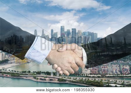 Double Exposure of a businessman handshake on port with containers. Concept of business agreement of industrial port shipping transportation logistics import export.