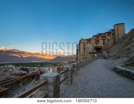 Aerial view of Leh city in the morning from Leh Palace, India