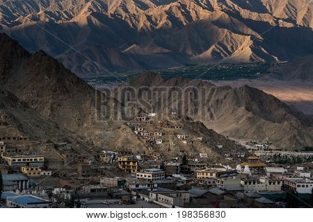 Aerial view of Leh city in the morning from Leh Palace, India
