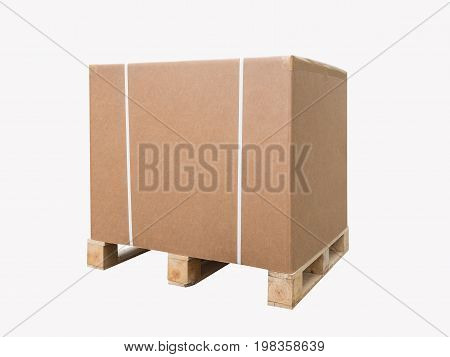 Cardboard boxes on a pallet. Isolated on white background. Large box for export goods