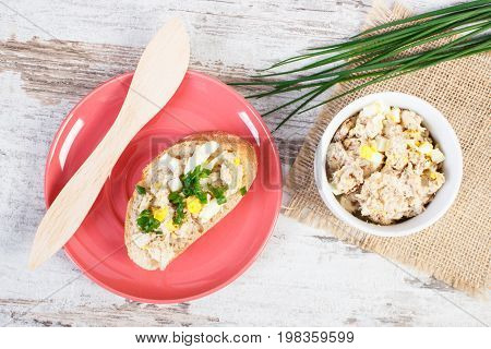 Baguette With Mackerel Or Tuna Fish Paste With Egg And Chives