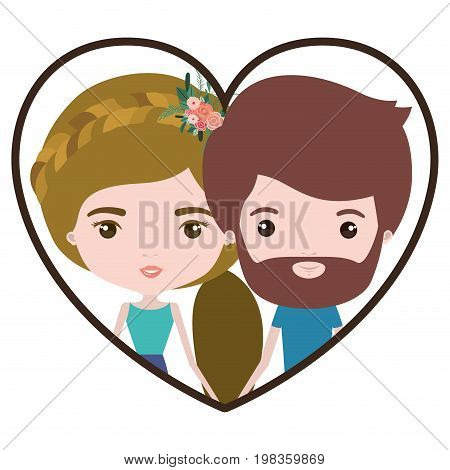 colorful heart shape portrait with caricature couple of him with short brown hair and beard and her with ponytail blond hairstyle and floral crown accesory vector illustration
