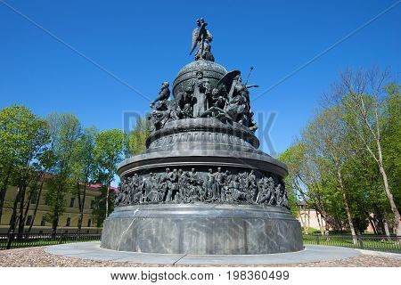The Millennium of Russia monument (1862) close up on a sunny May day. Veliky Novgorod, Russia
