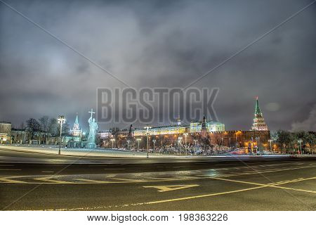 Monument of Vladimir. Moscow Kremlin in winter night. Russia