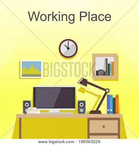 Working place or studying place illustration. Flat design illustration concepts for working place at office working place at home. workspace, workplace, studying place.